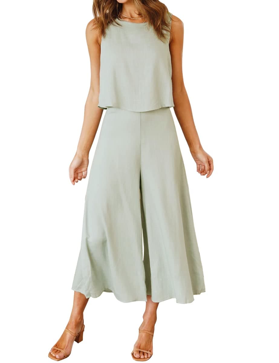 Women's Summer 2 Piece Outfits Round Neck Crop Basic Top Cropped Wide Leg Pants Set Jumpsuits