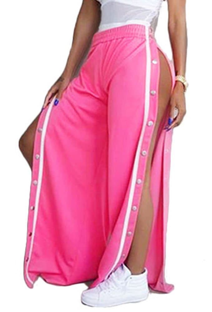 LAFASO Womens Sides High Split Snap Buttoned Elastic Waist Wide Leg Track Pants Pink S
