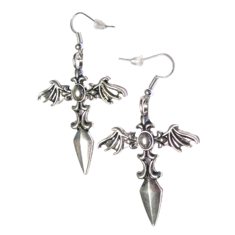 Gothic Cross Daggers w/Bat Wings Silver Plated Charm Hook Earrings