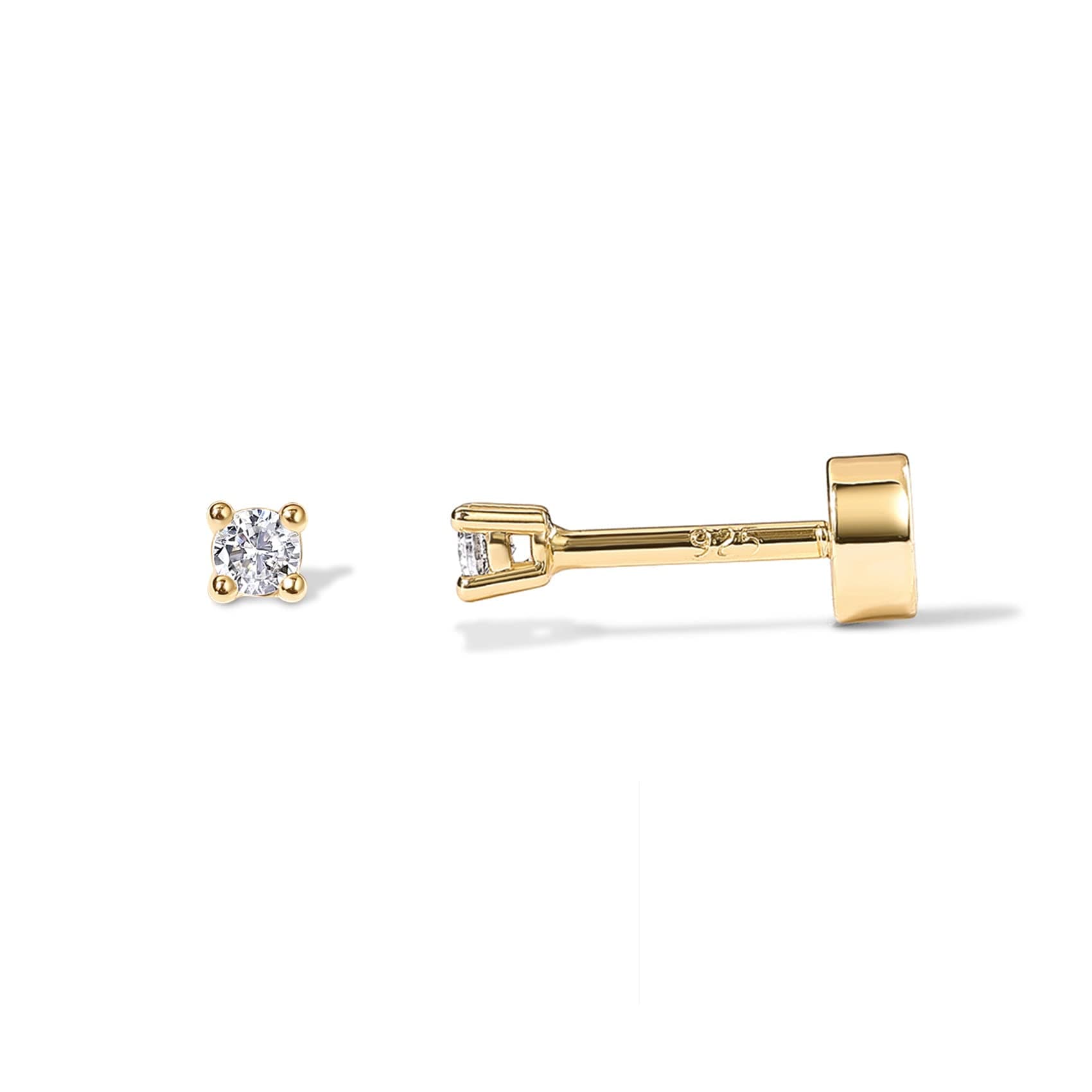 14K Gold Plated Solid 925 Sterling Silver Post Cubic Zirconia Stud Flat Back Earrings for Women | Cartilage Earring | Helix Piercing Jewelry | Small Stud Earrings for Women