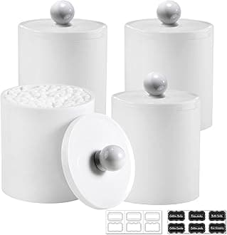 Plastic Acrylic Bathroom Vanity Countertop Canister Jars with Storage Lid, Apothecary Jars Qtip Holder Makeup Organizer for Cotton Balls,Swabs,Pads,Bath Salts (White, 4 Pack of 15 oz.)