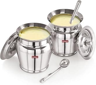 NATULIX Stainless Steel Ghee Pot | Oil Pot | Ghee Pot with Spoon and Lid | 400ml | Silver | Pack of 2 (400ml 2) (Belly)