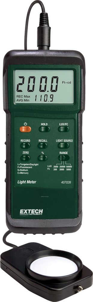 - Extech 407026 Heavy Duty Light Meter with PC Interface - Digital Lux and Foot-Candle Meter for Industrial Lighting Audits, OSHA Compliance & Greenhouses - 4 Light Settings & RS-232 Data Port