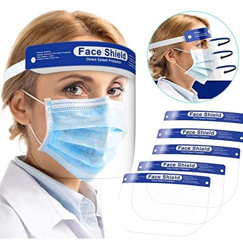 【US Stock 3-7 Weekdays】 5 PCS Face Shields with Full Face Protective, Clear Protective Face Shields with Elastic Band and Comfort Sponge, Anti-Fog Adjustable Dental Face Shield for Men/Women
