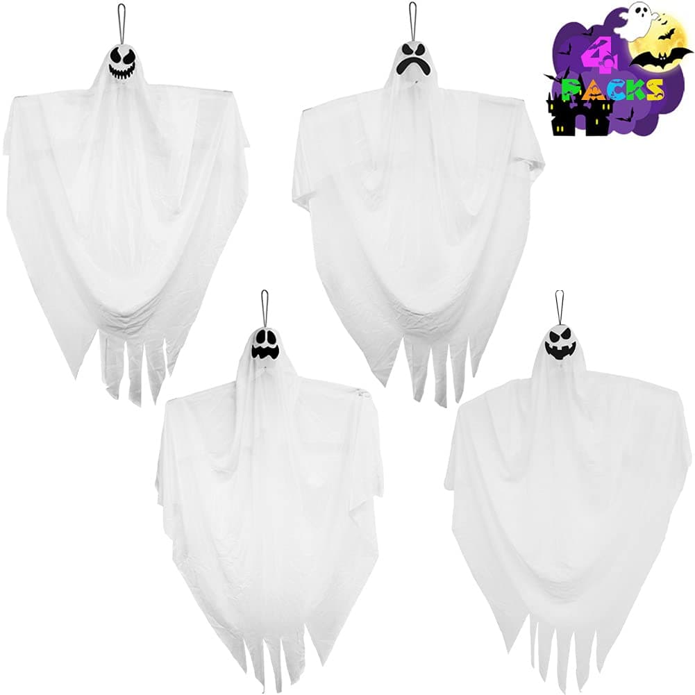 4 Pack Halloween Hanging Ghosts, 38" Cute Flying Ghost Decoration, Halloween Hanging Ghosts Props for Indoor Outdoor Yard Patio Lawn Party Haunted House Decor