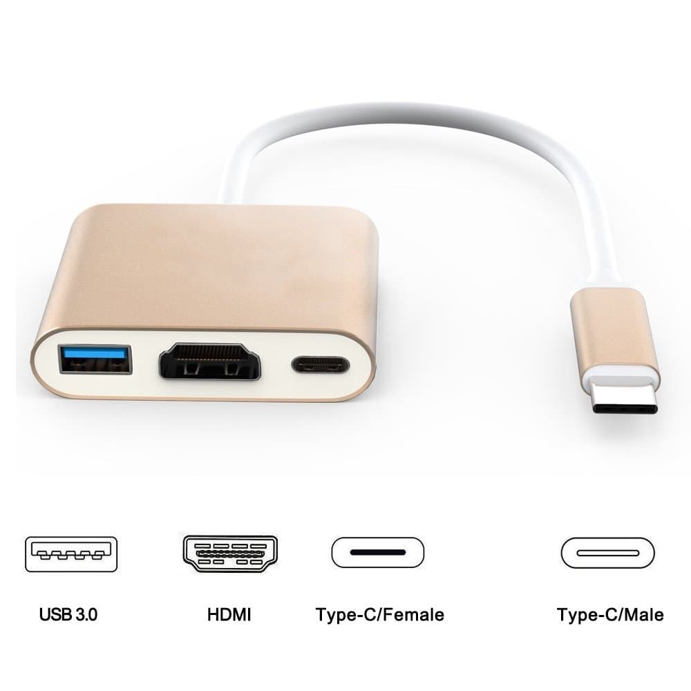 TOPEREK Type-C Hub with 4K HDMI, 1 USB 3.1 Port, 1 HDMI Port, and 1 USB 2.0 port, Mini USB-C to USB 3.1 Multiport Adapter Converter for the new MacBook 2016 and ChromeBook Pixel Gold