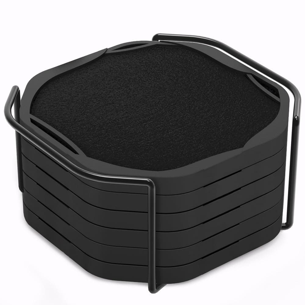 - UMIRRO Black Octagon 4" Felt & Silicone Drink Cup Coasters Set of 6 with Holder - Super Absorbent, Built-in Leak Protection, Non-Stick, Modern Coasters for Coffee Table, Desk & Home Decor