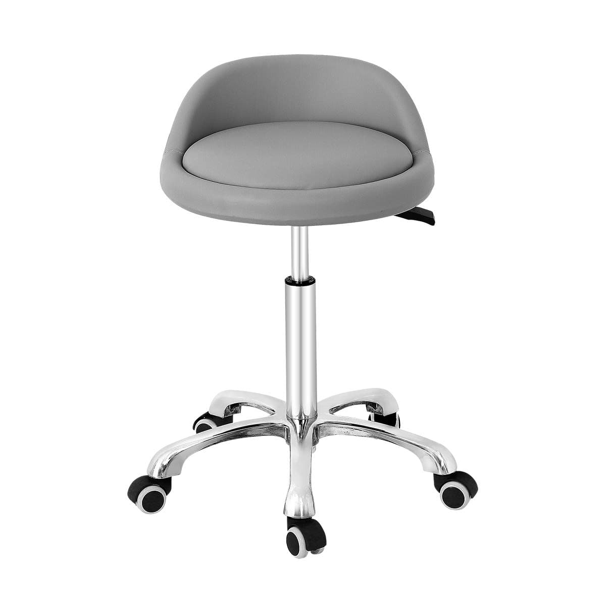 Grace&Grace Modern Grey Aluminum Rolling Stool with Backrest, Heavy Duty Shop Stool Chair, 17" Seat, 400 lbs Capacity, Adjustable Height 20-28 inches, For Office, Kitchen, Salon, Home
