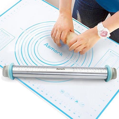 Asmork Rolling Pin,Silicone Baking Mat,Adjustable Stainless Steel Rolling Pins Dough Roller with 4 Removable Thickness Rings for Baking Dough, Pizza, Pie, Pastries, Pasta and Cookies (2)