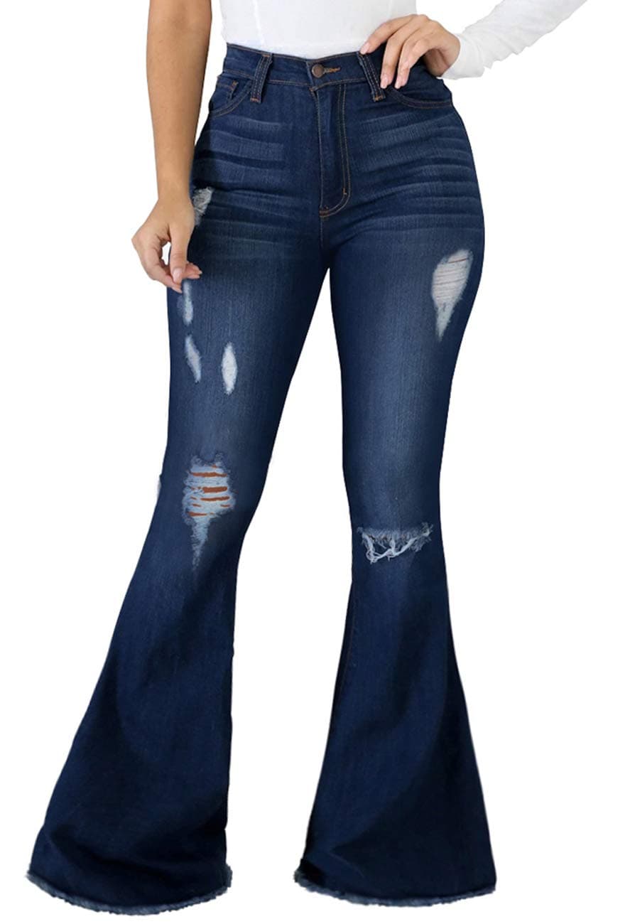 Women Bell Bottom Jeans Elastic Waist Ripped Flared Jean Destroyed Raw Hem Denim Pants