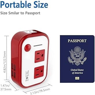 FOVAL Power Step Down 220V to 110V Voltage Converter with 4-Port USB International Power Travel Adapter in UK European Italy Asia More Than 150 Countries Over The World(Red)