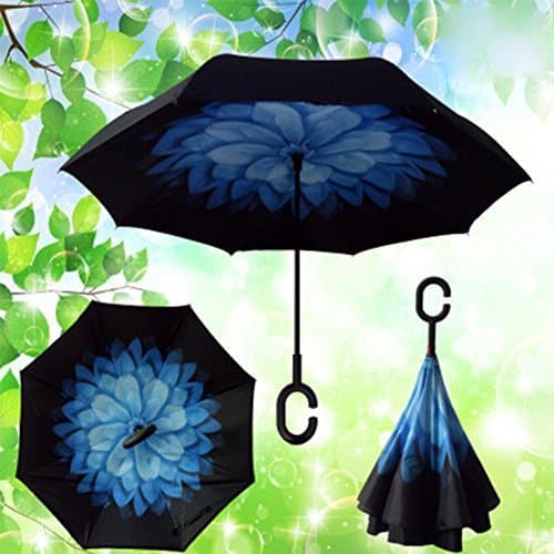 Xjamus colorful Waterproof Reverse Folding Double Layer Inverted Umbrellas with C-shaped Handle and Auto-close function (Bluelover)