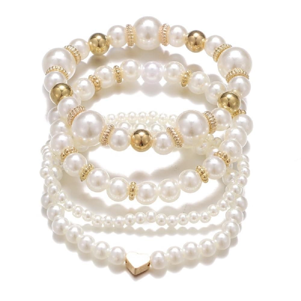Fuqimanman2020 Chunky Simulated Pearl Stackable Stretch Bracelet Set Beaded Ball Adjustable Multilayered Elastic Bangles for Women Girls Wedding Jewelry
