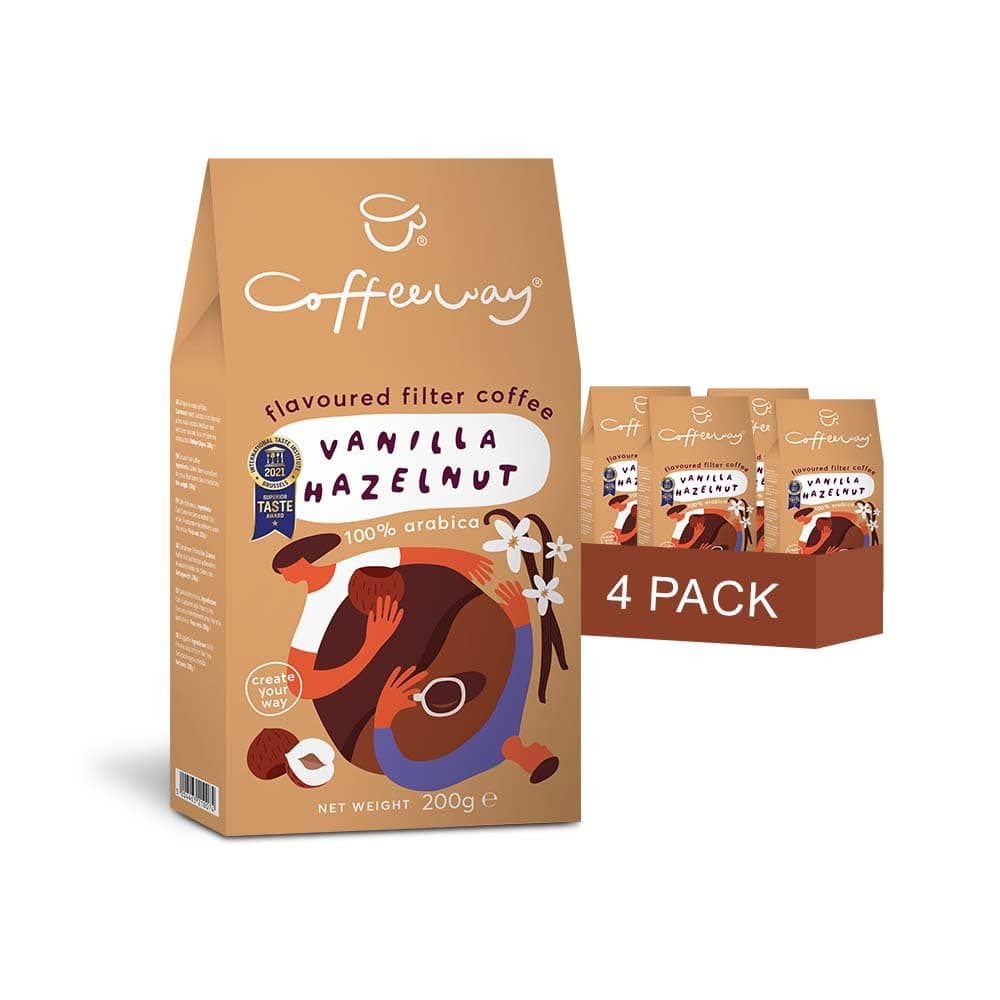 Coffeeway Vanilla Hazelnut Flavoured Ground Coffee, 800 g (4 x 200 g) - Exceptional Ground Coffee, Nut-Free, Expertly Roasted, Premium Arabica Beans, Gluten-Free, Low-Calories, Sugar-Free