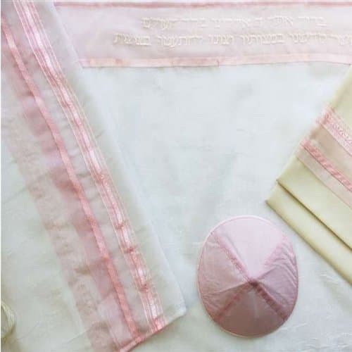 Galilee Silks Pink and White Sheer Tallit Set
