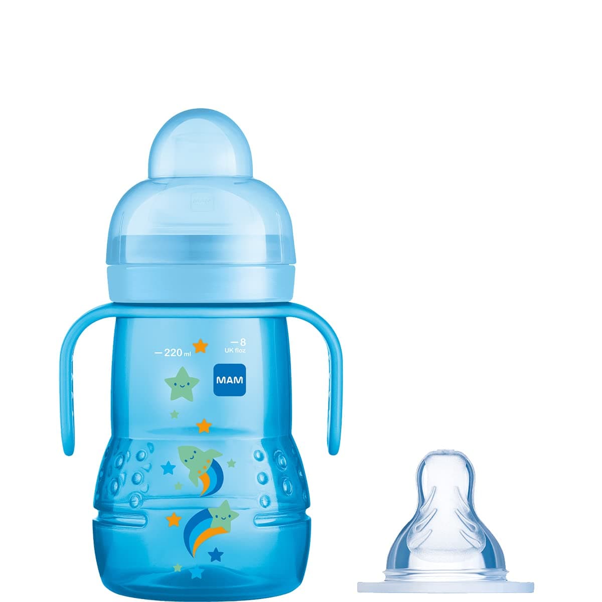 Trainer+ Baby Bottle | 1 Pack (1 x 220ml) | Suitable from 4+ Months for Independent Drinking | Comes with Free Fast Flow MAM Teat Size 3 | Spill-Free | Blue (Various Designs)