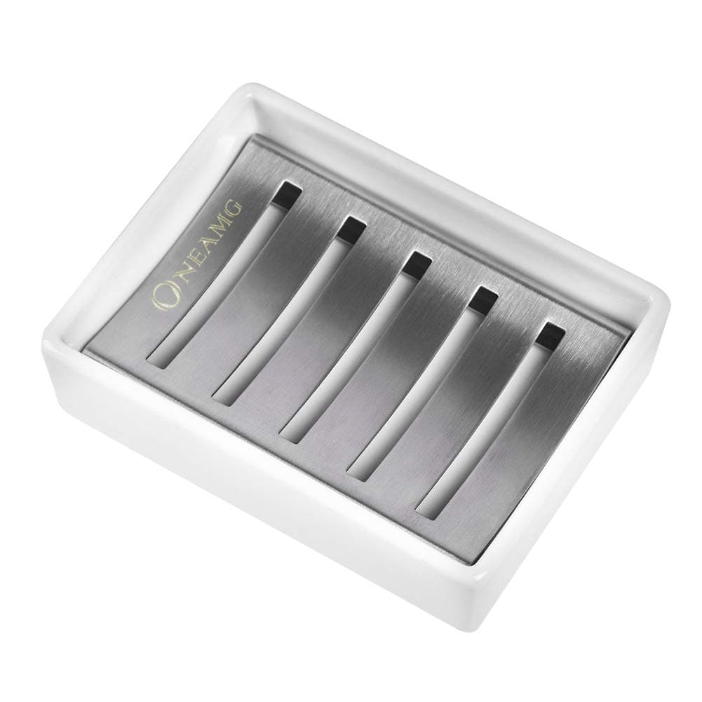 Ceramic Soap Dish 304 Stainless Steel Soap Holder Double Layer Durable Soap Saver Soap Box for Bathroom Shower Easy to Clean