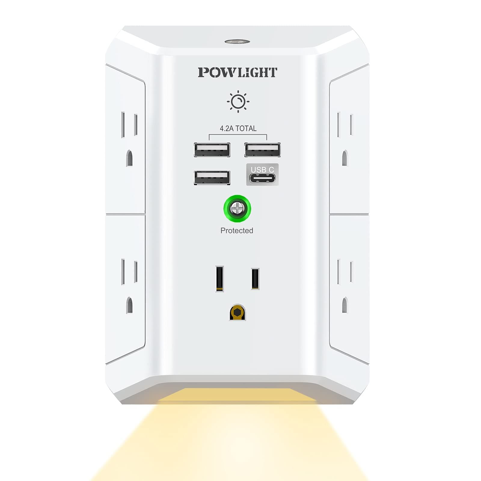 Outlet Extender with Night Light, USB Wall Charger, POWLIGHT 5-Outlet Surge Protector Power Strip with 4 USB Ports, 1680 Joules Multi Plug Outlet with Spaced Outlets for Home, Office, White
