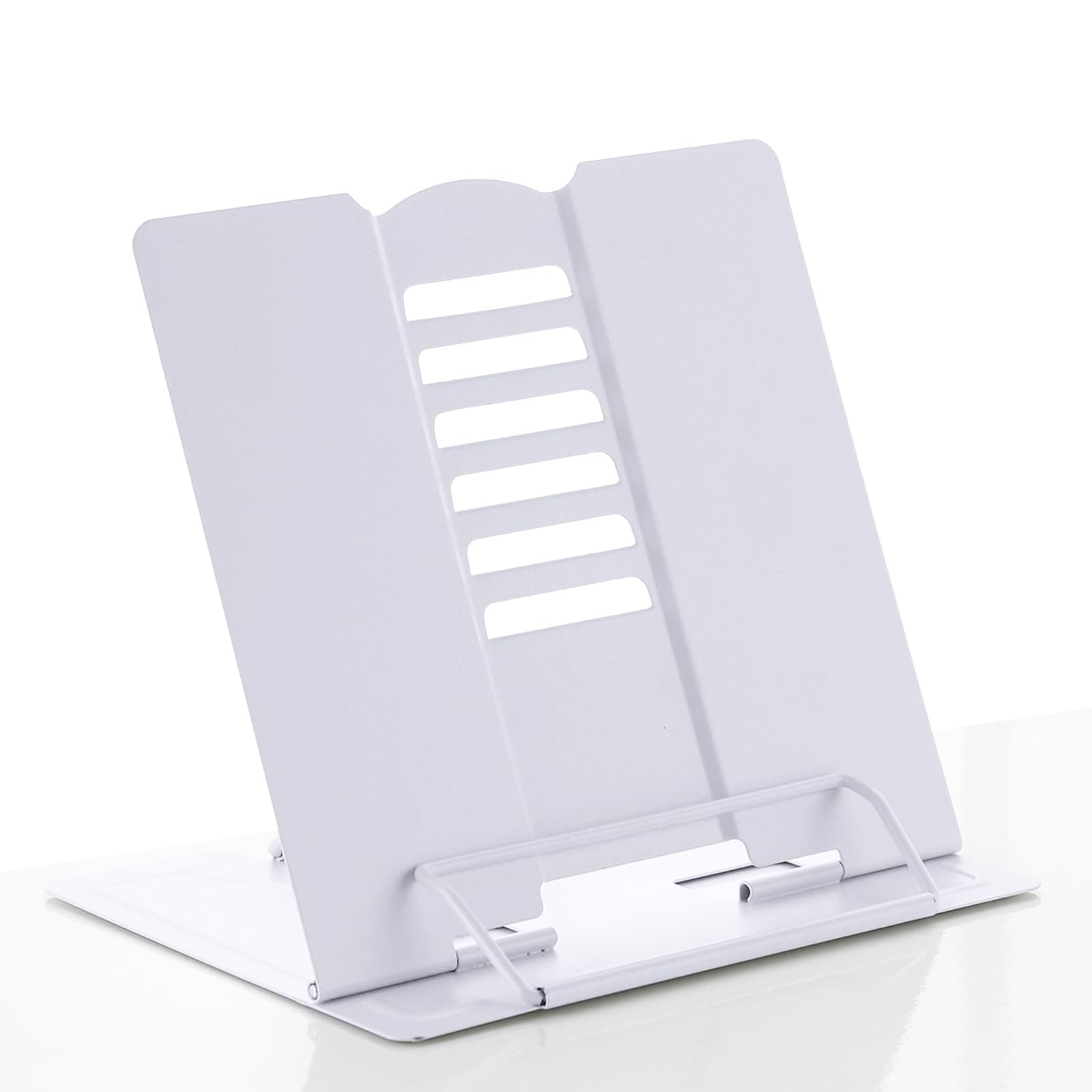 Multifunctional Book Holder - Adjustable Angle Metal Reading Rack, Portable Cook Book Stands for Kitchen Recipe Document Office School Library (White)