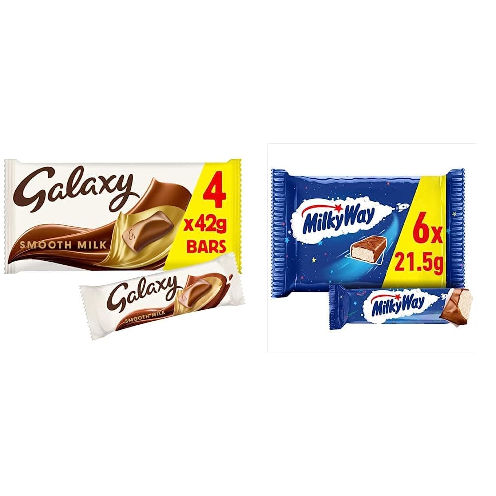 Galaxy Smooth Milk Chocolate Bar Multipack for Sharing, Chocolate Gift, Movie Night Snacks, 4 Bars of 42 g, & Milky Way Chocolate Bars, Chocolate Gift, Chocolate Multipack, 6 x 21.5g