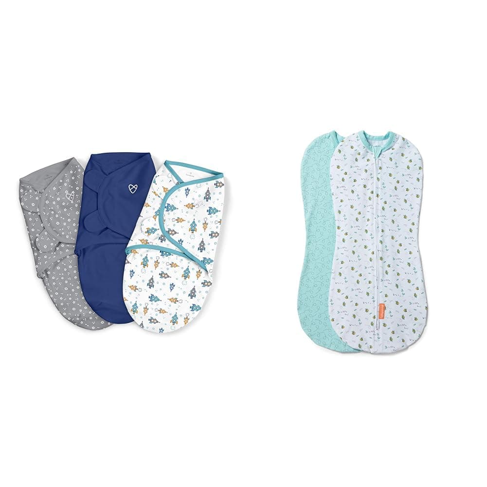 by Ingenuity Original Swaddle, Size Large, for Ages 3-6 Months, 14-18 Pounds & by Ingenuity Pod - Size Small/Medium, 0-3 Months, 2 Count (Pack of 1) (Little Bees)