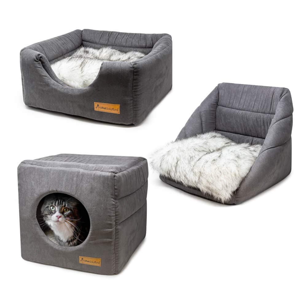 Cat Small Dog Cosy Cube Igloo Bed, 3-in-1 Foldable Grey Pet Kitten Puppy Soft Cave Bed, Machine Washable with Reversible Cushion – 35 x 35 x 35cm