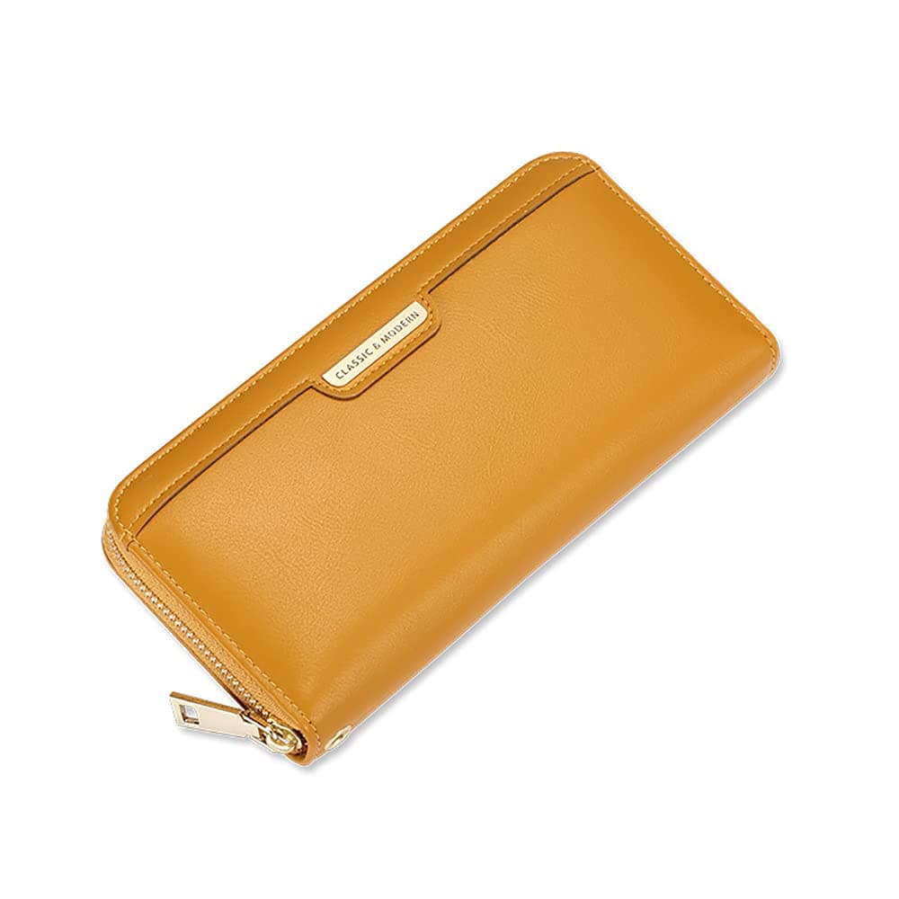 Ladies Long Purse Solid Color Zip Around Wallet - Large Capacity PU Leather Clutch with Card Slots and Phone Pocket (Yellow)