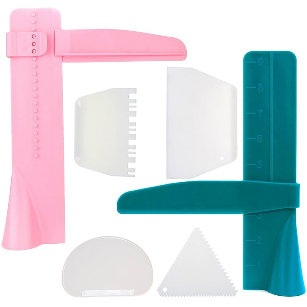 2pcs Adjustable Cake Smoother Polisher with 4pcs Different Scrapers, FineGood Fondant Cream Edge Smoothing Decorating Tools - Green, Pink