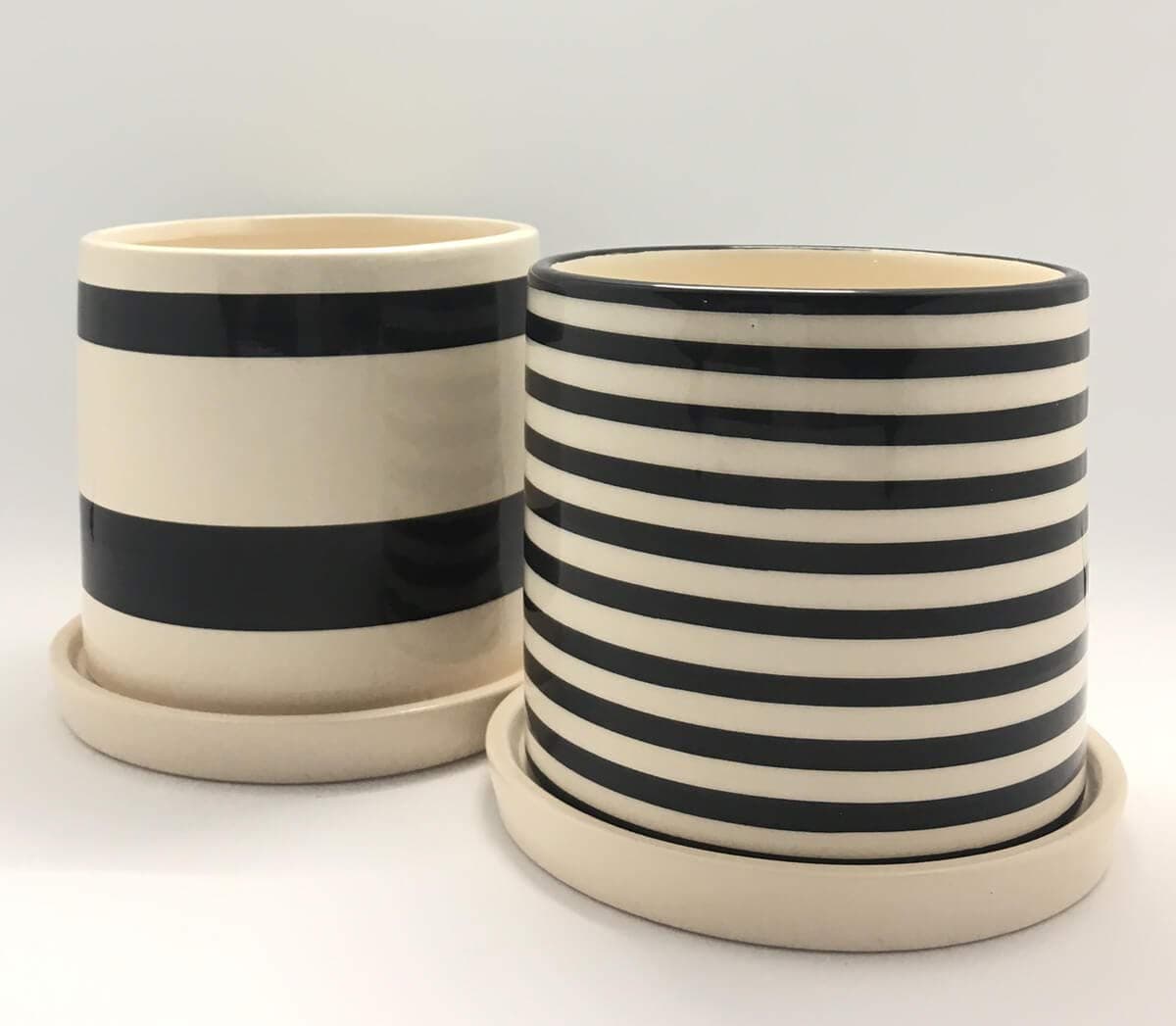 dwelling Modern, Ceramic Pots for Plants | 2 Planters & 2 Saucers | Unique, Modern, Striped Design | Black and Creme Color | Perfect for Small Plants, Flowers, Succulents and Cactus