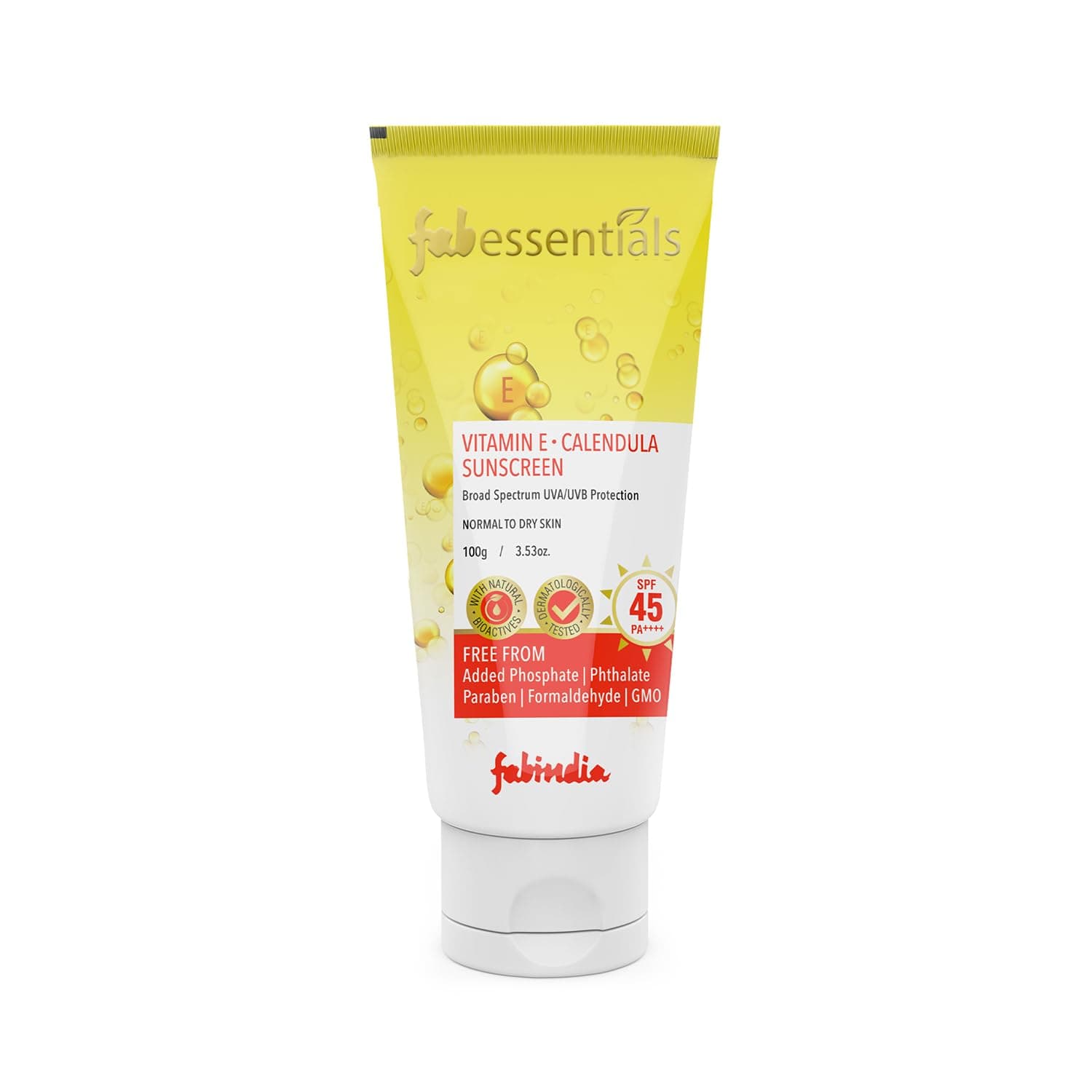 Vitamin E Calendula Sunscreen SPF 45 PA++++ 100gm | Broad Spectrum UVA/UVB | Blue light protect | No White Cast | Water resistant, Ultra light & Non sticky | Oily, Dry & Sensitive Skin