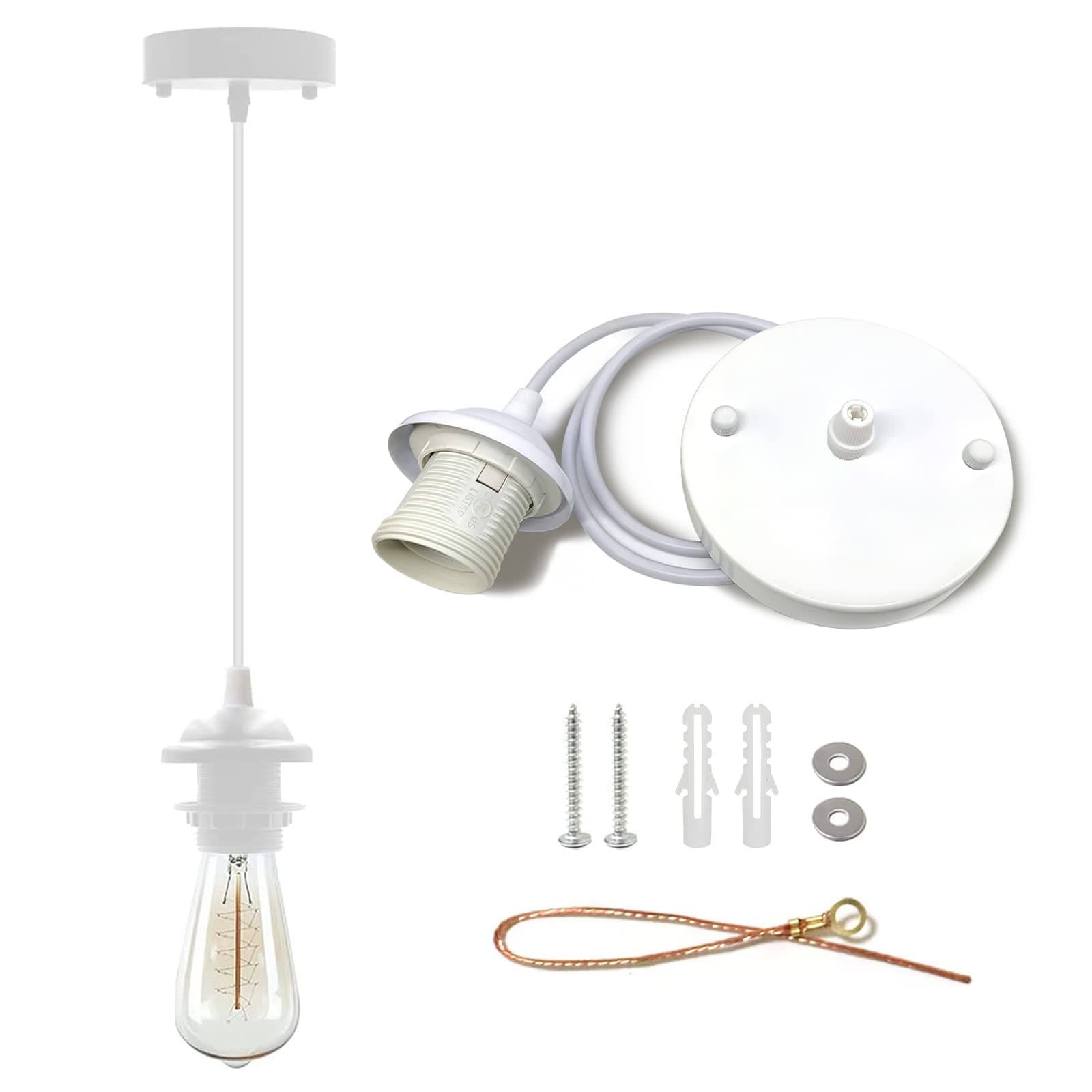 Industrial Mini Pendant Light Kit, Edison Retro Pendant, UL E26 Lamp Socket Vintage Pendant Light Cord, Mini Ceiling Hanging Light Fixtures, Adjustable Hanging Light Kit for Kitchen (White)