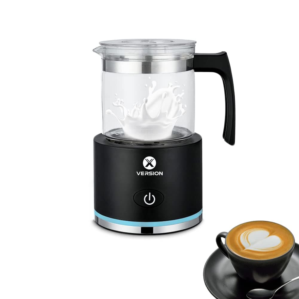 Automatic Milk Frother XVersion Electric Milk Steamer, Automatic Hot and Cold Foam Maker and Milk Warmer for Latte, Cappuccinos, Macchiato, Dishwasher Safe, Glass Black