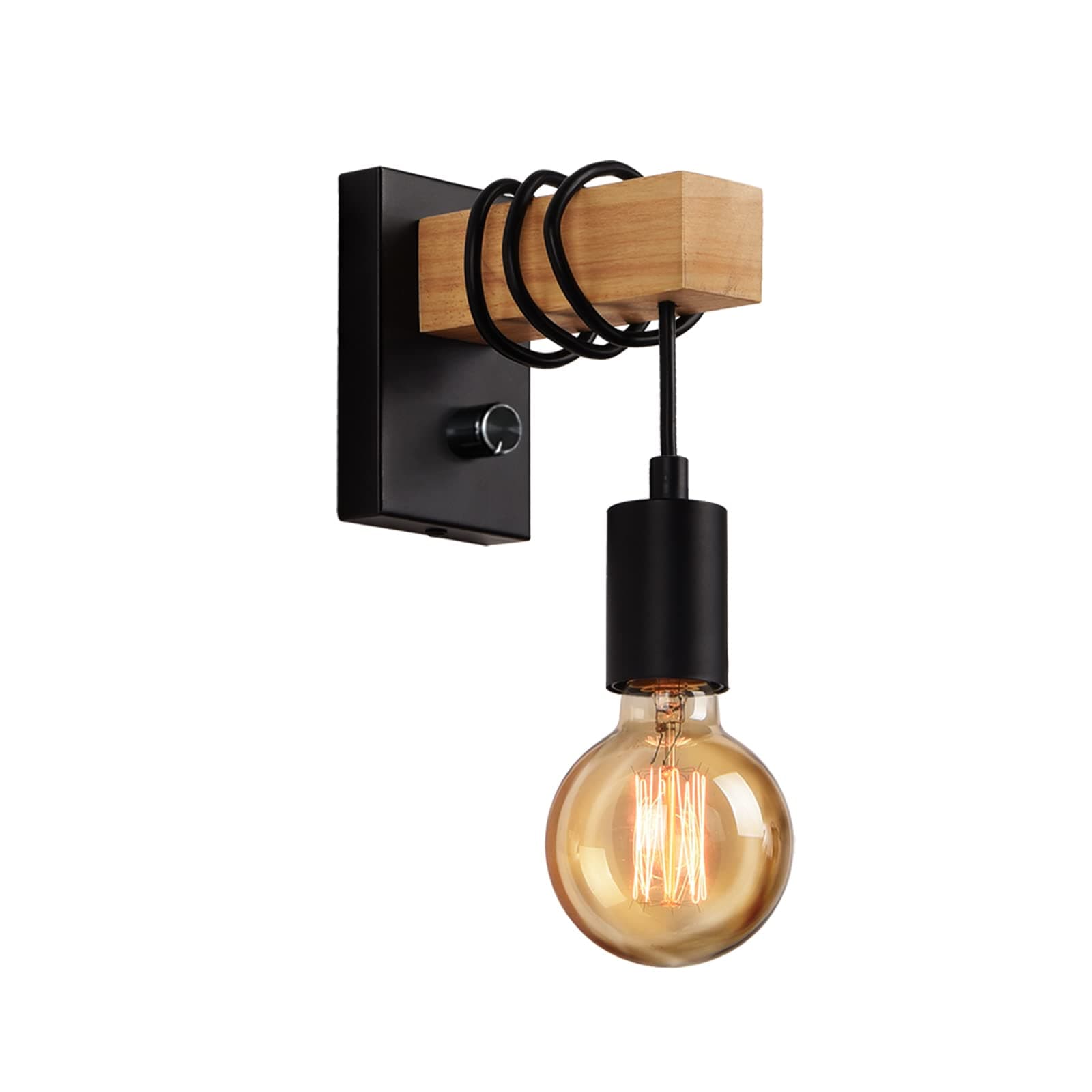 ENCOFTBlack Wall Lamp Dimmable Wall Light with ON/Off Dimmer Switch Vintage Industrial Wood Wall Sconces for Barn Kitchen, Living Room