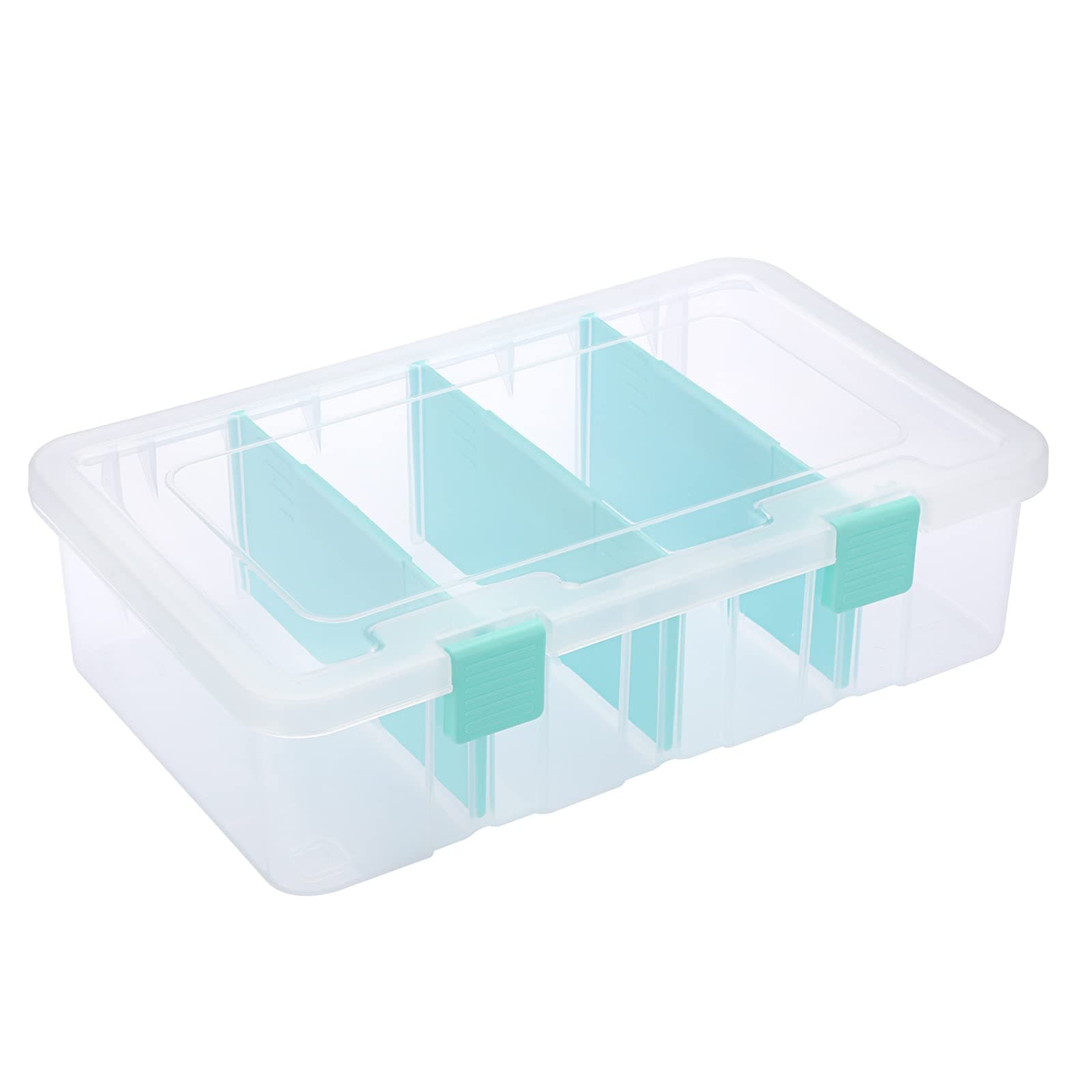 – BSTKEY Plastic Clear Blue Storage Container Organizer Box, Home Utility Storage Box with 4 Detachable Compartments, Horizontal