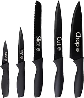 MasterChef Knife Set of 5 Kitchen Knives for Cooking (Paring, Utility, Bread, Carving & Chef Knives), Professional Sharp Stainless Steel, Non Stick Blades & Soft Touch Handles, Black, 5 Piece