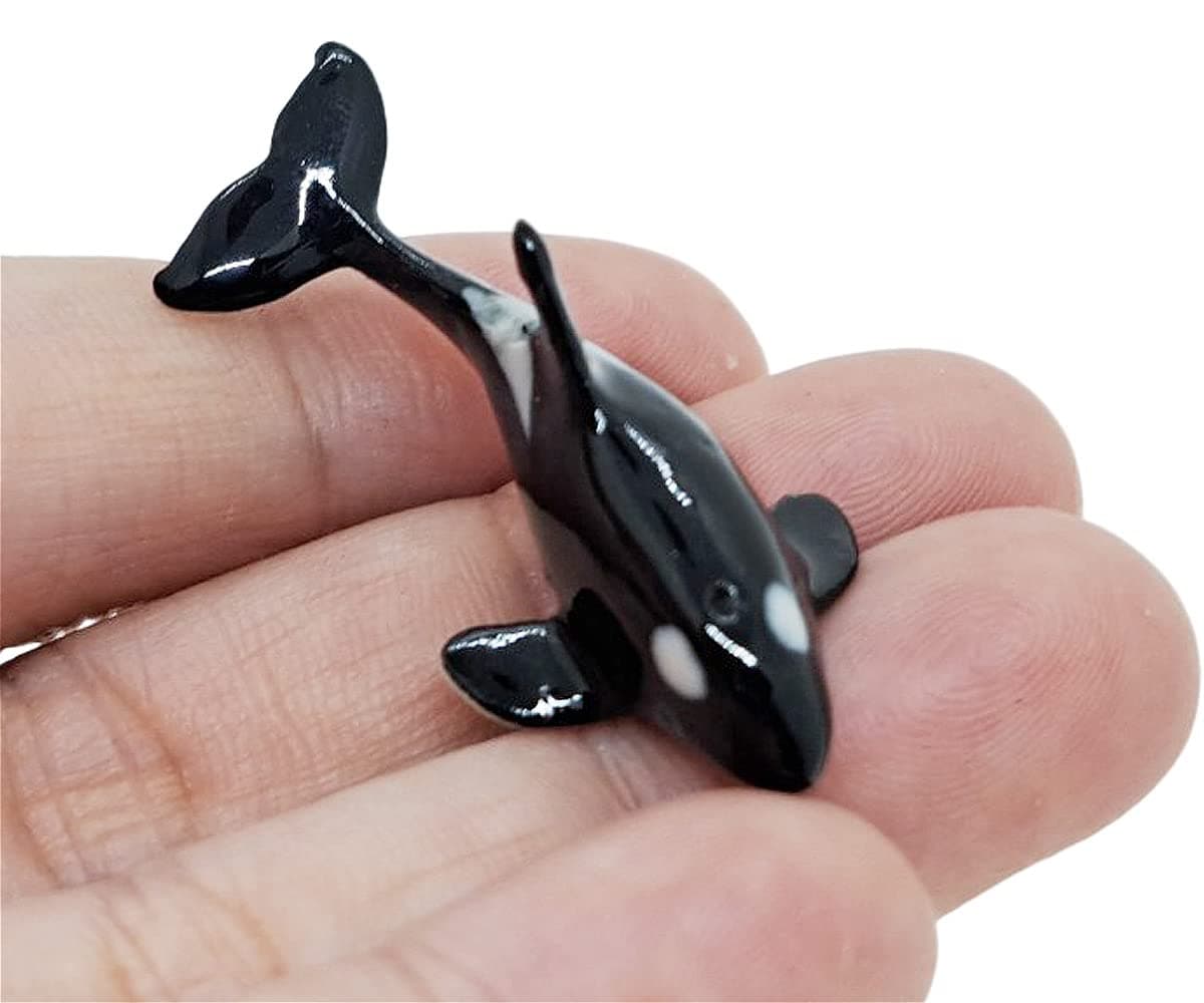 WitnyStore Tiny 1⅝" Orca Killer Whale Bend Tail Figurine - Miniature Hand Made Ceramic Dolphins Porpoises Whales Marine Mammal Aquatic Sea Animals Porcelain Decorative Collectible Figures Décor Gifts