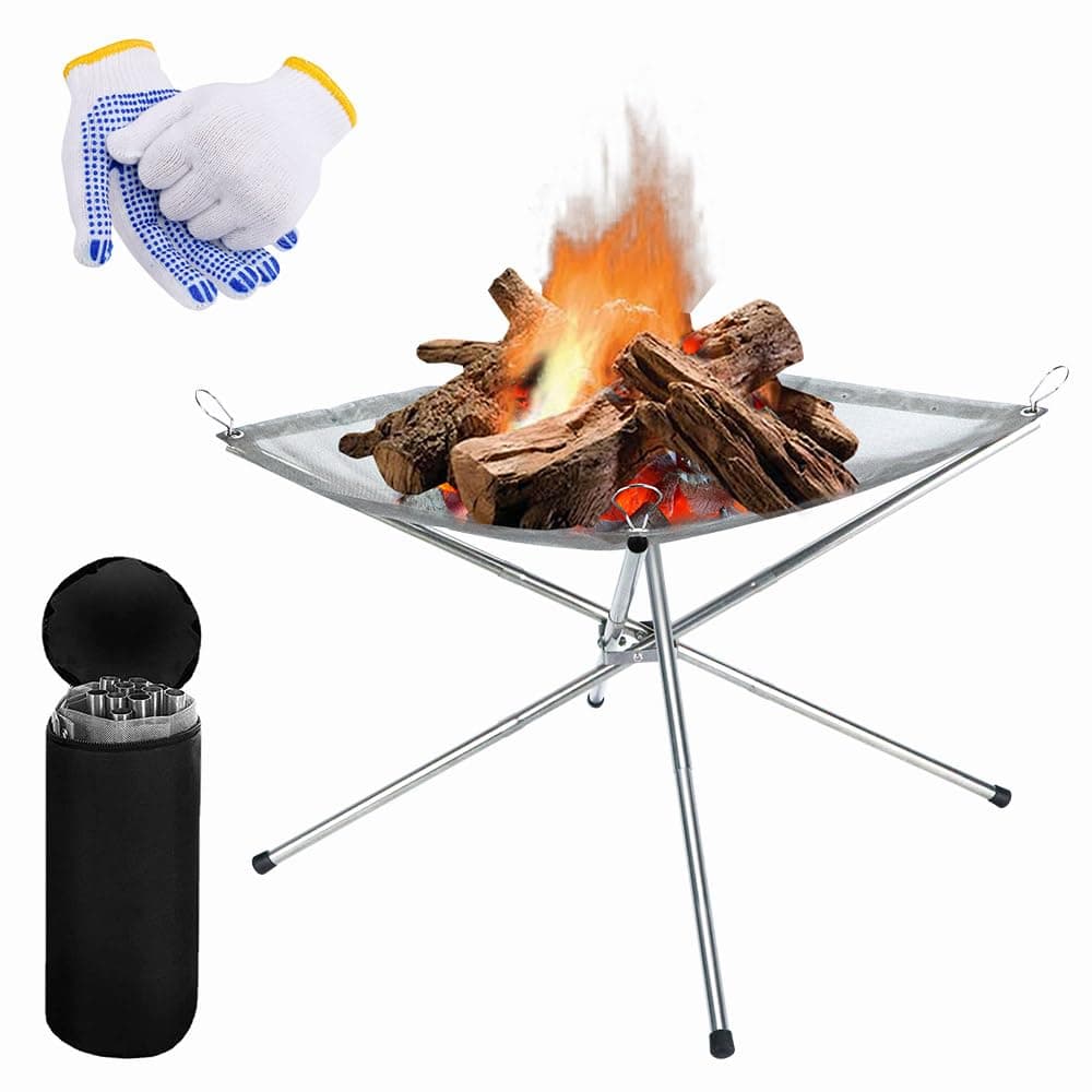 Portable Fire Pit Folding Camping Fire Pit - 42cm Stainless Steel Foldable Outdoor Fire Pit with Carrying Bag and Gloves, Collapsible Bonfire Firepit Set for Garden Picnic Barbecue