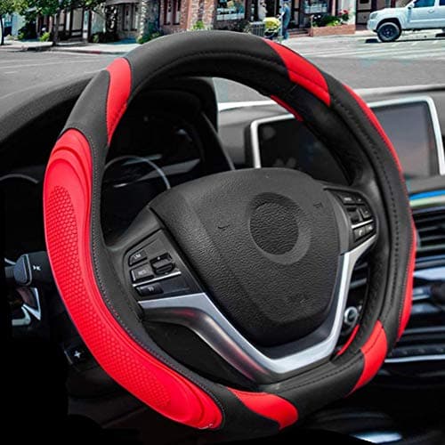 Flat Bottom Steering Wheel Cover - Black Red Leather D Shaped Sport D Cut for Women Universal 15 inch Breathable Massage Better Grip 82D Red