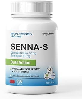 - Puregen Labs Senna-S Natural Vegetable Laxative Plus Stool Softener Dual Action - 250 Tablets Senna Plus | Gentle Dependable Overnight Relief of Occasional Constipation