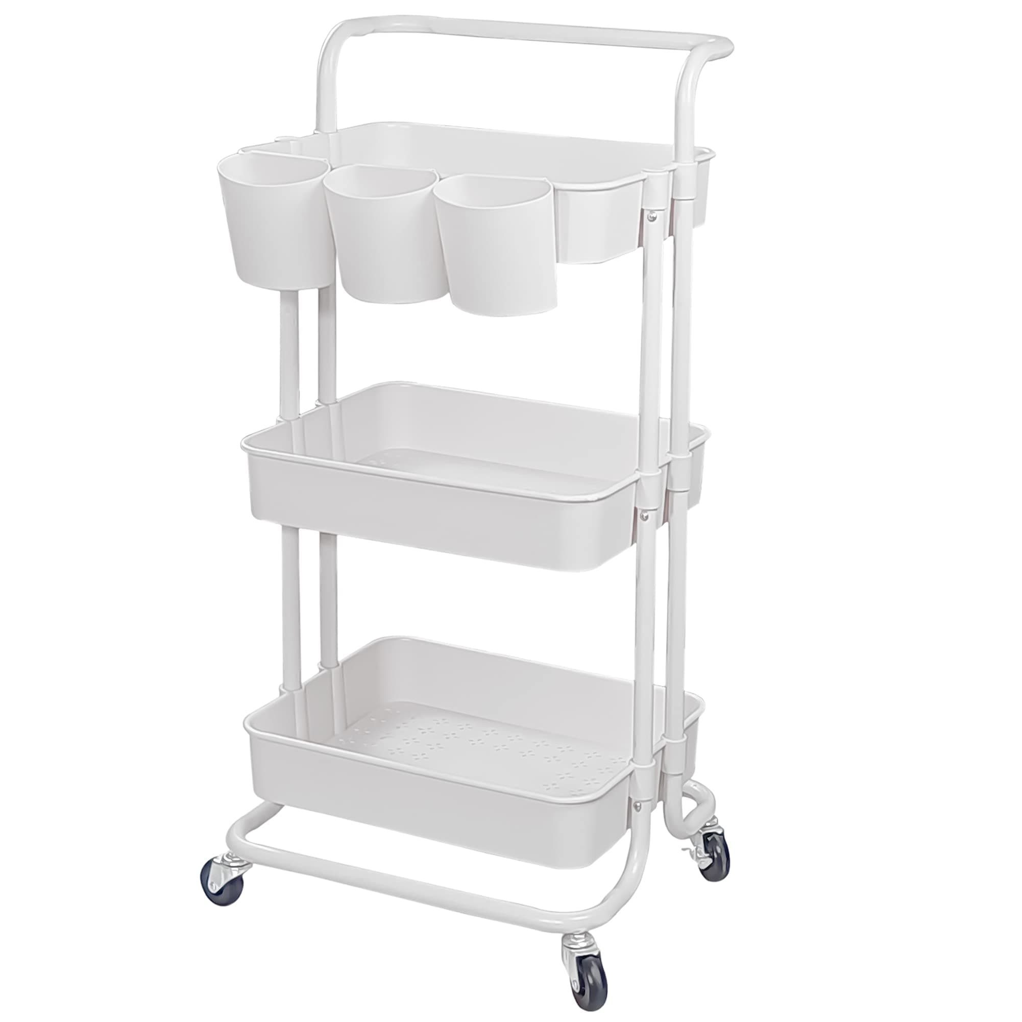 3-Tier Utility Rolling Cart Multifunction Storage Service Cart with Handle and Lockable Wheels for Kitchen Bathroom Office Laundry Room (White)