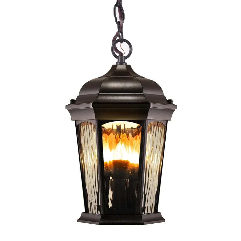 Euri Lighting EHL-130W-MD, Flickering Flame Hanging Lantern, Water Glass, with Integrated Security Light (3000K), Wall Switch Selectable Function, Water Glass, Oil Rubbed Bronze Housing