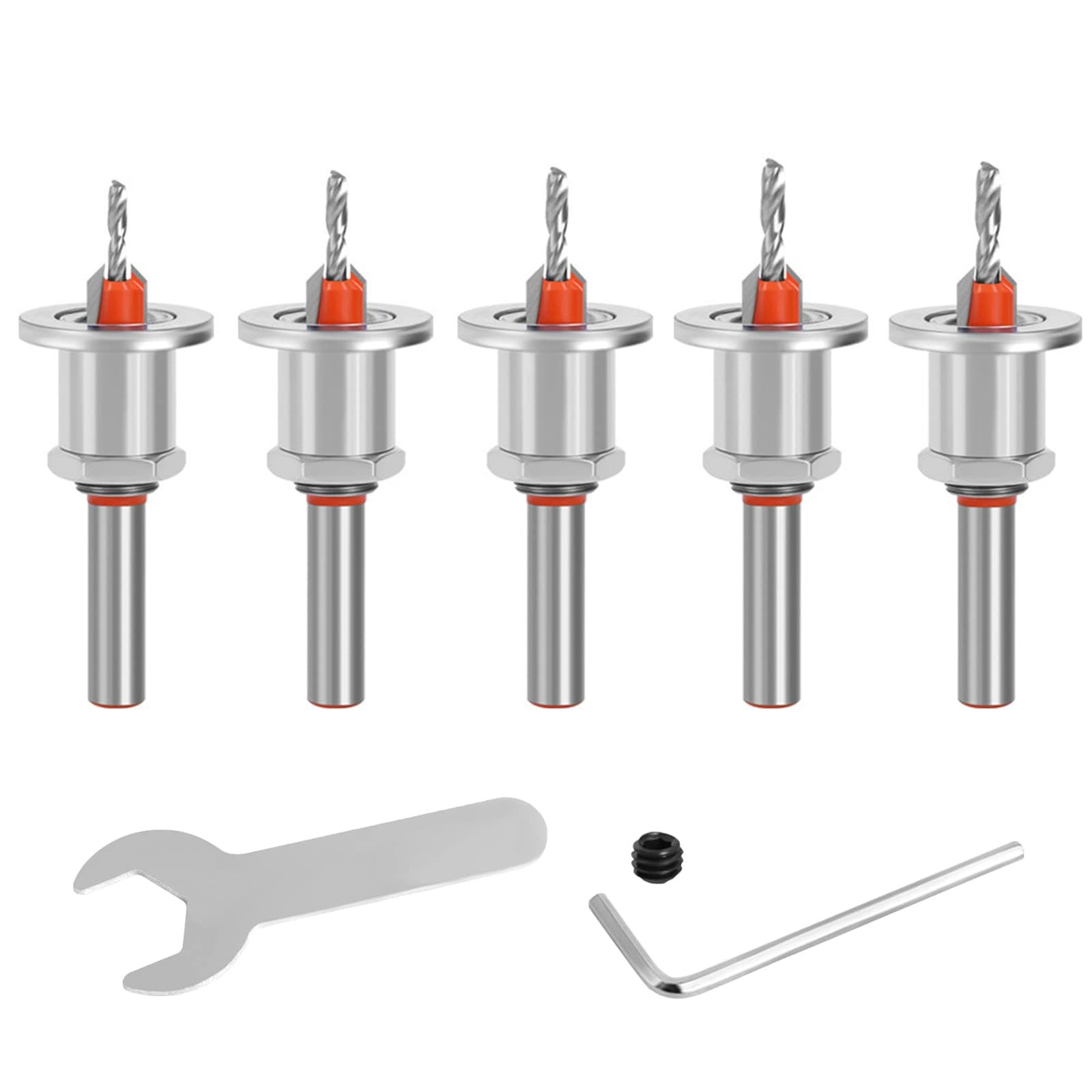 5 PCS Adjustable Wood Hole Countersink Drill Bit Set with Wrench, HSS Hole Drill Bit Timber with Adjustable Low Friction Depth Stop Screw Hole Cutter for Carpentry Woodworking (8mm Shank)