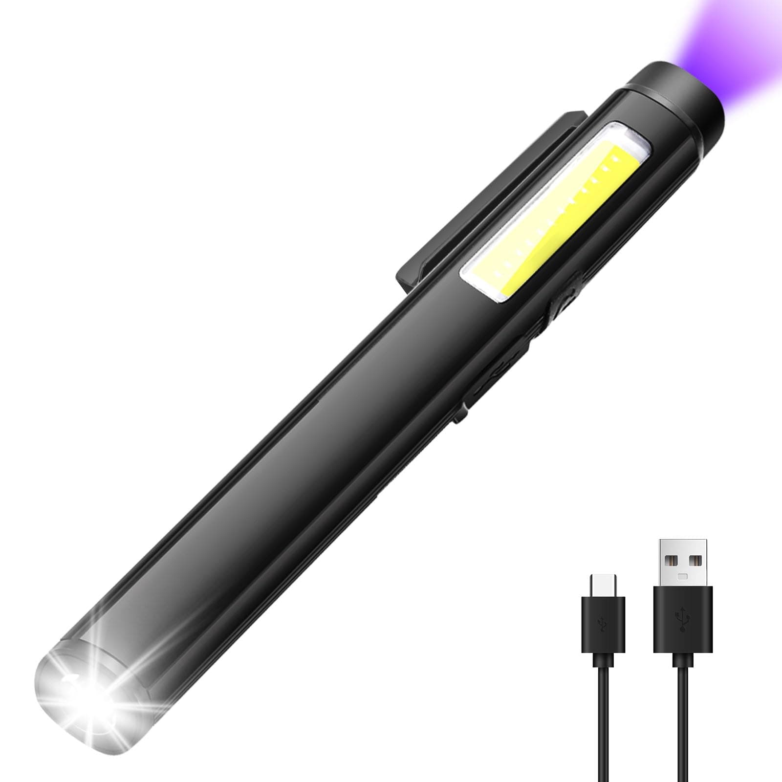 WholeFire 3 in 1 Flashlight LED + COB + UV Torch Pen Light Black Light Ultraviolet Flashlight 365nm 4 Mode Rechargeable Waterproof Pocket Torch with Clip Magnets for Camping Pet Urine Detection