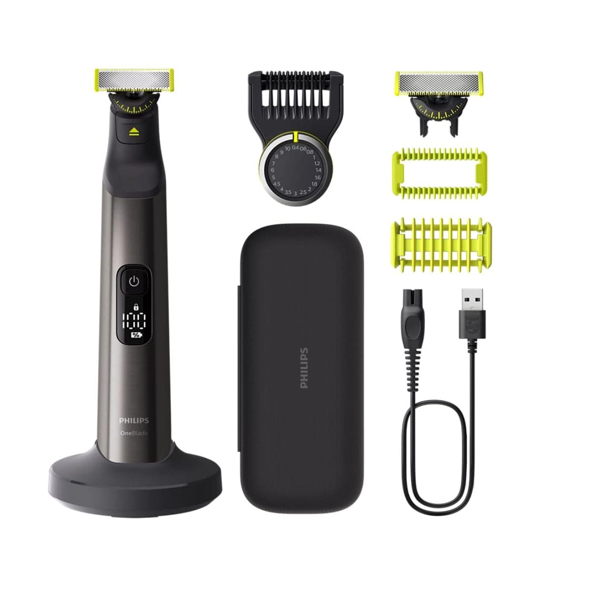OneBlade Pro 360 Authentic Face & Body Electric Beard Trimmer, Shaver and Bodygroomer, 2X 360 Blades, 1x 14-Length Comb, 1x Body Kit, 1x Charging Stand, 1x Travel Case, QP6652/30