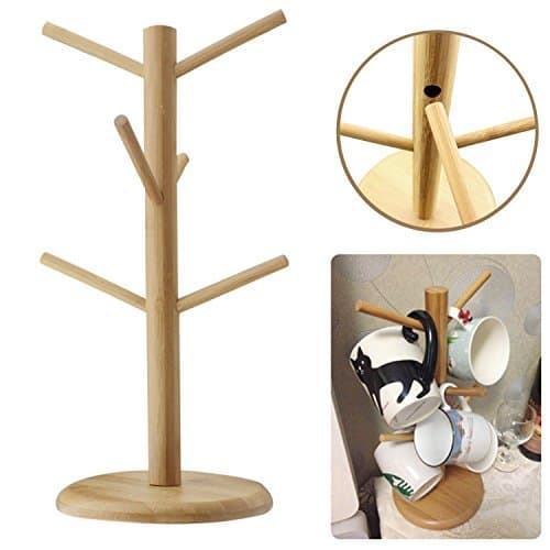 Mug Rack Tree, Mamahome Bamboo Removable Mugs Stand Storage Coffee Cup Hanger Holder with 6 Hooks for Glass Cups Bottle Mugs