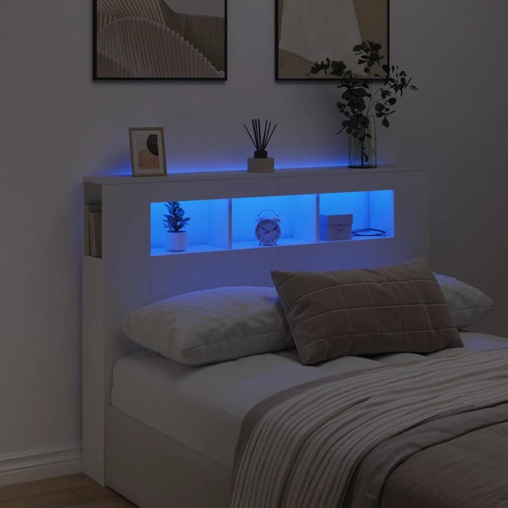 vidaXL Modern LED Headboard Bed in White - Engineered Wood - with Changing RGB Lights - USB Connector - Stylish Design for Bedroom Furniture - 140x18.5x103.5 cm