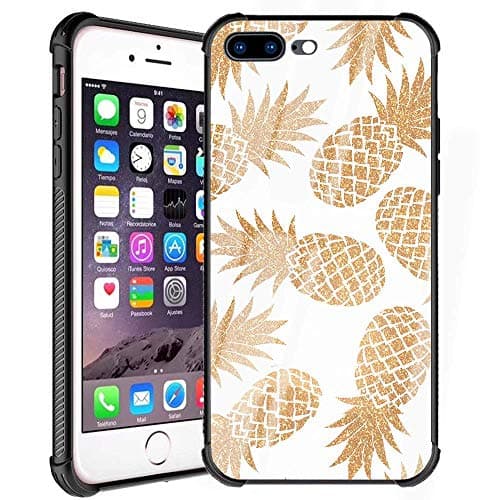 iPhone 7 Plus Cases Pineapple Gold iPhone 8 Plus Case for Girls Women Cute Design Slim Fit Tempered Glass White Back Cover with Soft Silicone TPU Shockproof Bumper Case for iPhone 7Plus/8 Plus 5.5inch