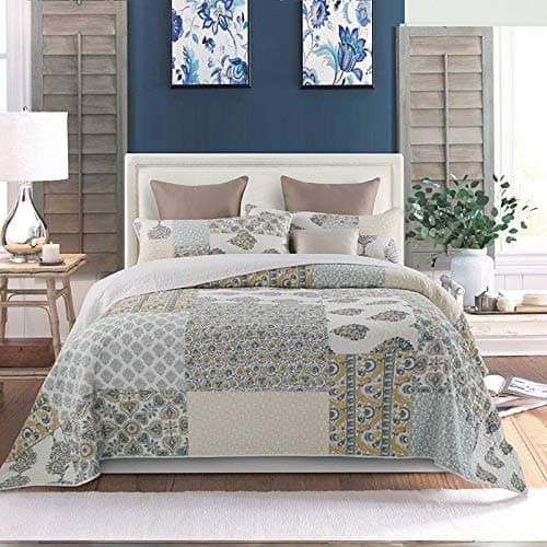 NNGIRL 3 Piece Patchwork Quilted Bedspread, Cotton Super King Size Quilted Bed Spreads Throws with 2 Pillowcases 250 X 270 Cm,250 * 270cm