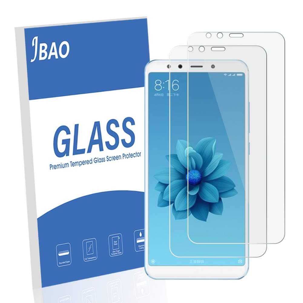 [2-Pack] Jbao Direct Xiaomi Mi A2/Mi 6X Screen Protector, 9H Hardness [HD Clear] [Anti-Fingerprint] [Bubble Free] Premium Tempered Glass Film for Xiaomi Mi A2/Mi 6X, Lifetime Replacement Warranty