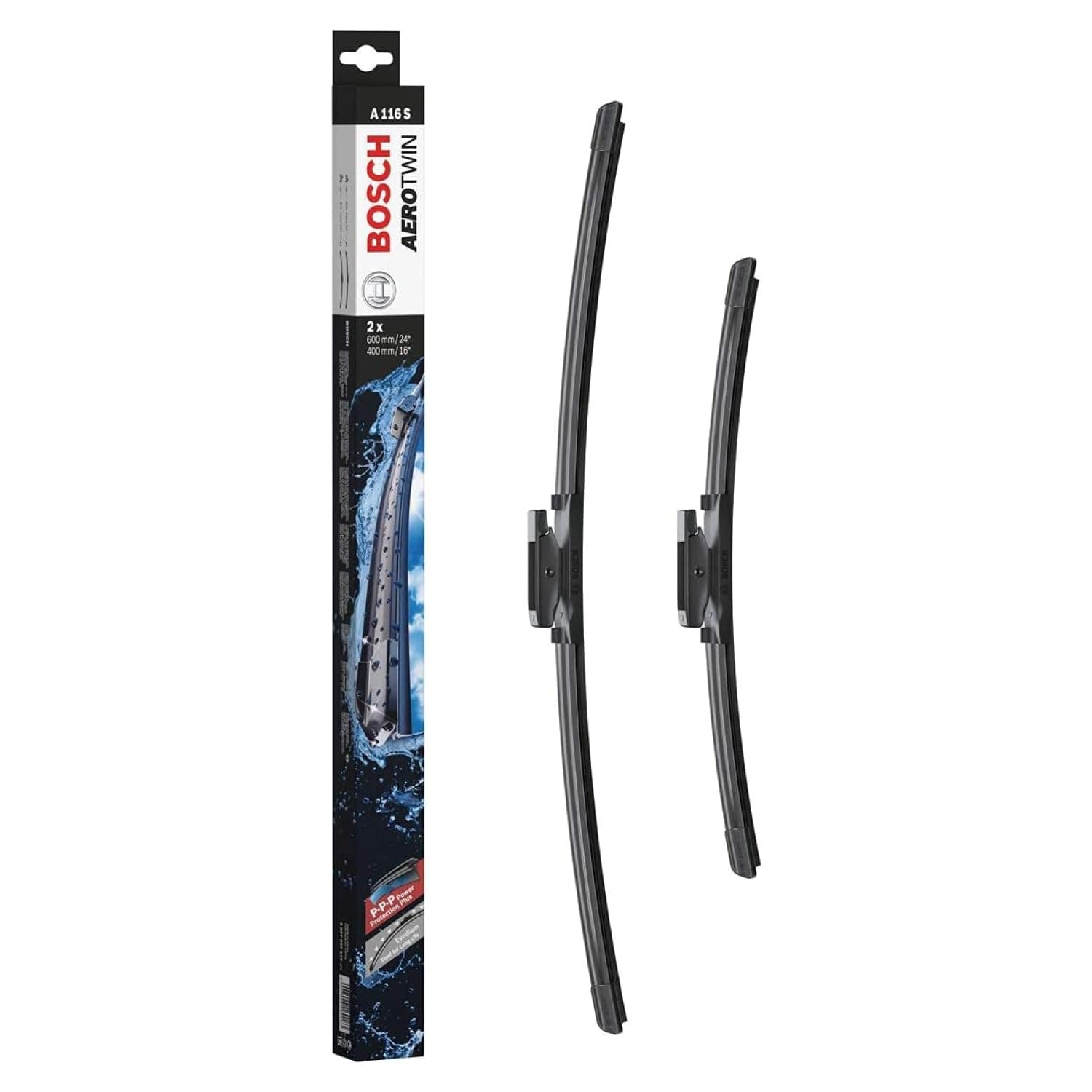 Aerotwin A116S - Front Windscreen Wipers - Set of 2 Replacement Blades - Comes with Pre-assembled Adapter - 2 Blades, 600 mm / 400 mm - Only for Left-Hand Drive (EU)